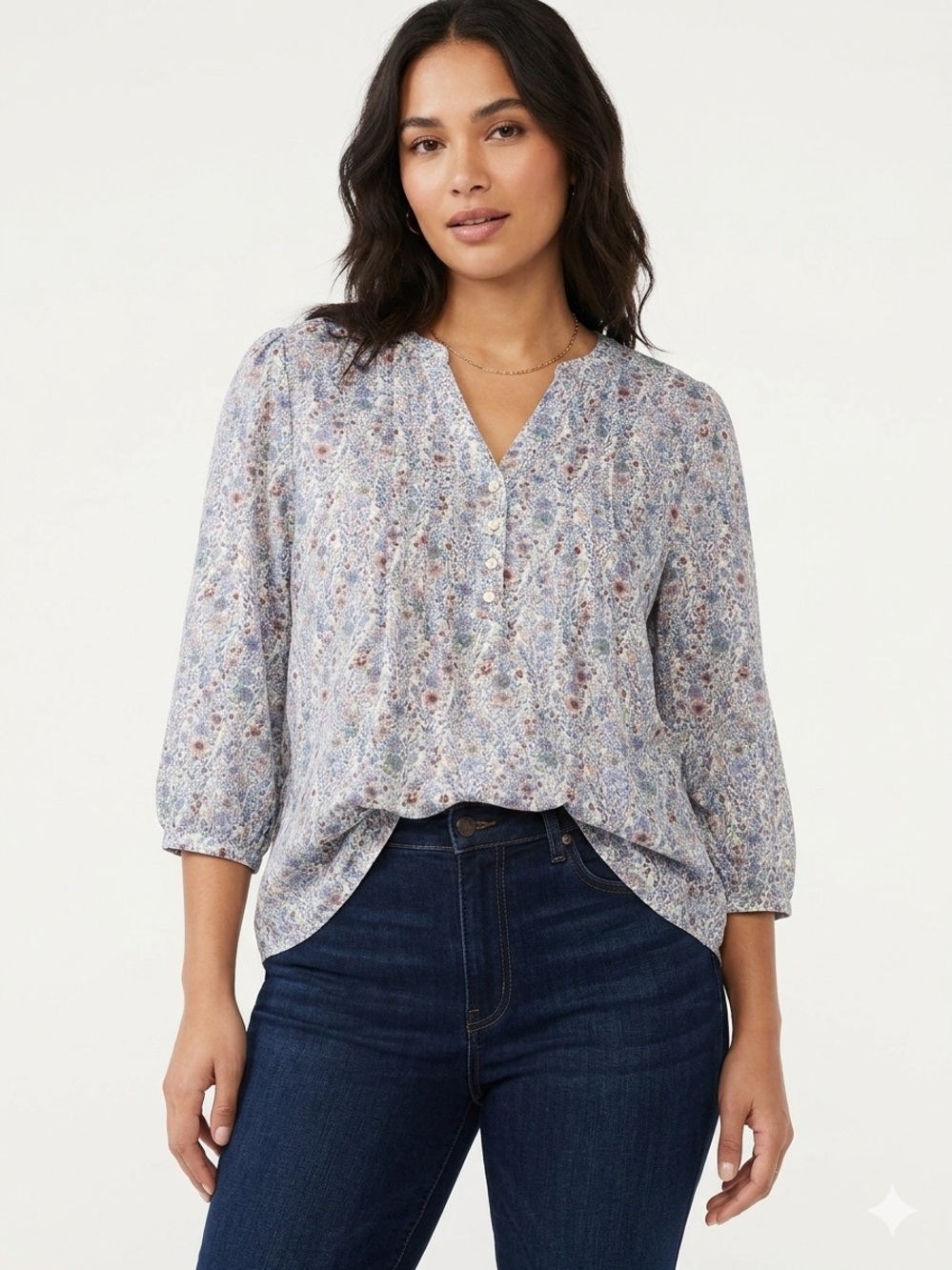 Rose & Olive NWOT Floral V-Neck Top with Blue and Rust Accents No Stretch